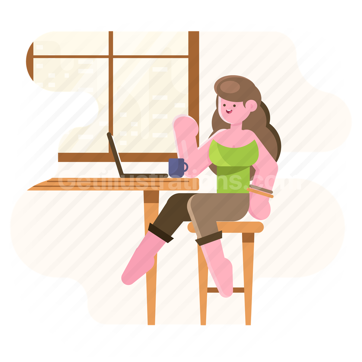woman, girl, person, coffee shop, window, table, laptop, computer, coffee, people